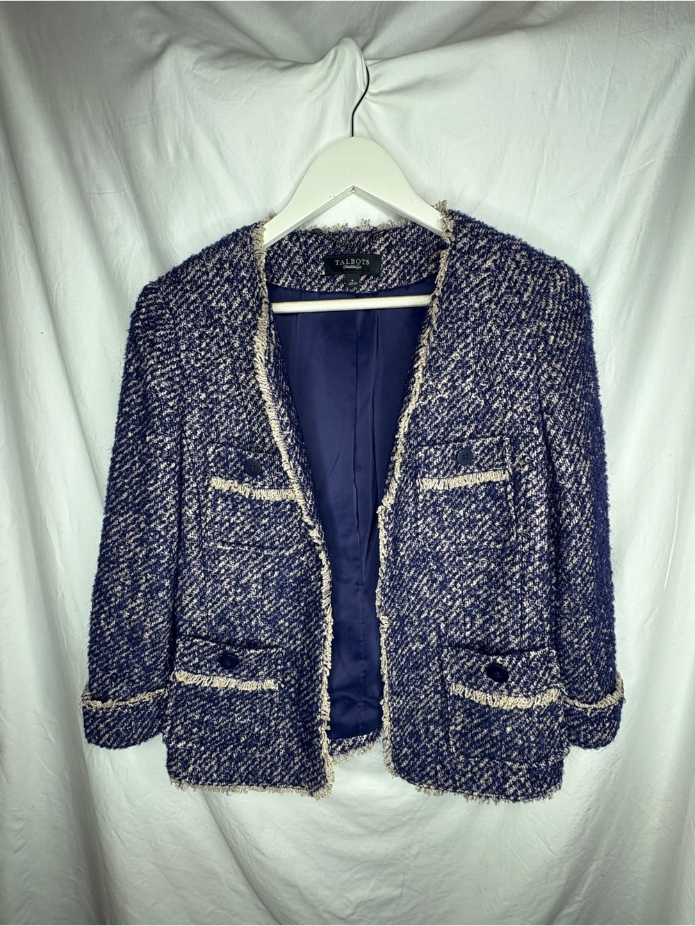 Talbots Indigo Boucle Tweed Blazer
Blue Purple Fringe Size 8